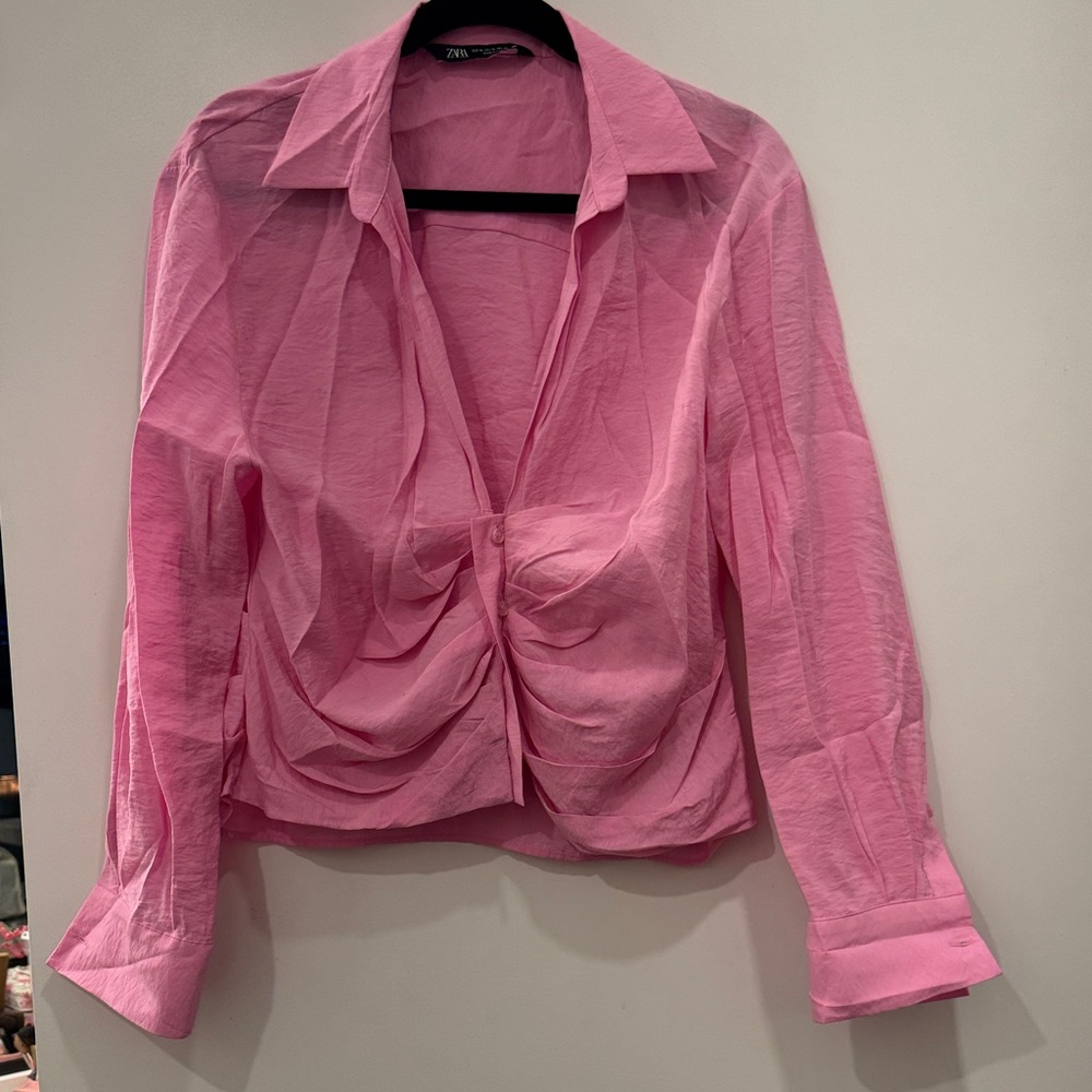 Zara Pink rouched Front Long-Sleeve Blouse XL